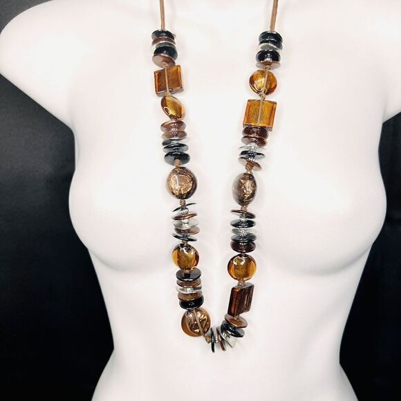 Vintage Chunky Necklace Glass Lucite Cord Beaded Statement Beads Earth Tone 4363 - Picture 5 of 8